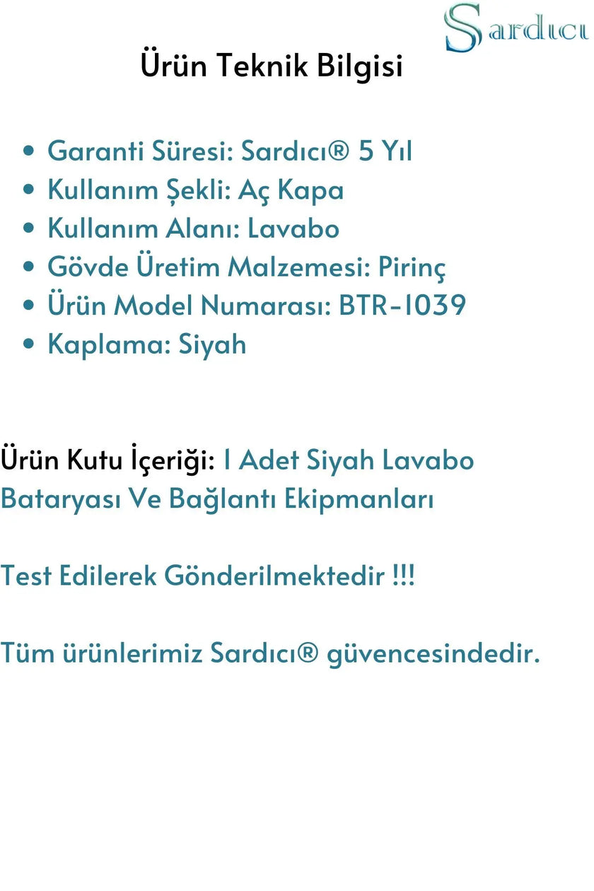 Sardıcı Siyah Hera Lavabo Bataryası Çift Su Girişli 5 Yıl Garanti Süreli