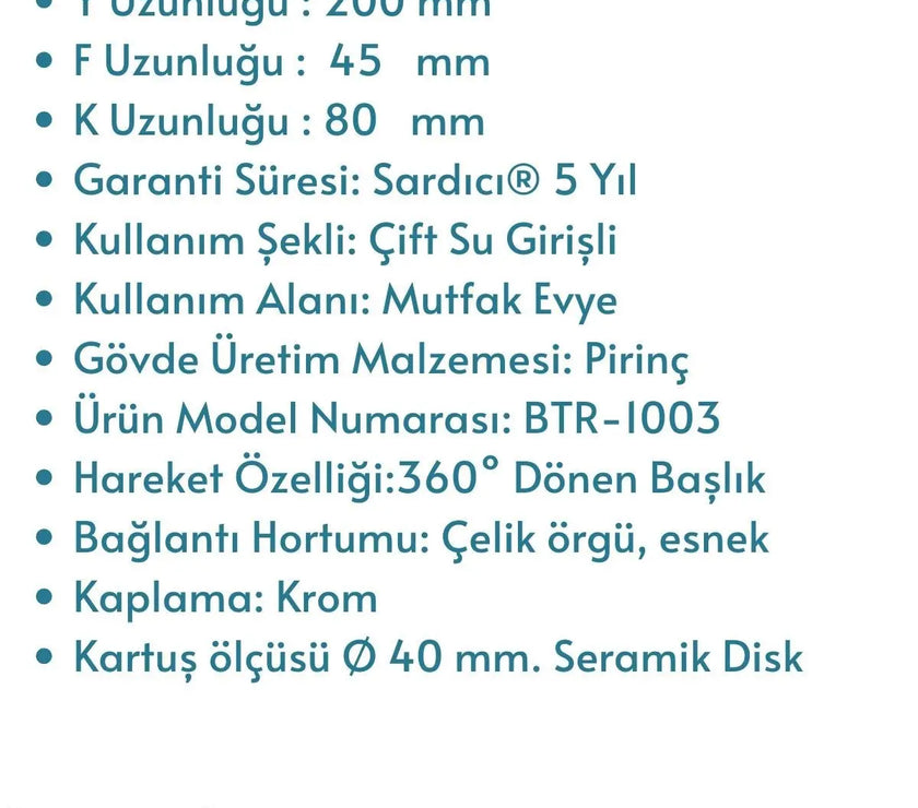 Sardıcı Baston Series Krom Mutfak Bataryası Çift Su Girişli 5 Yıl Garantili