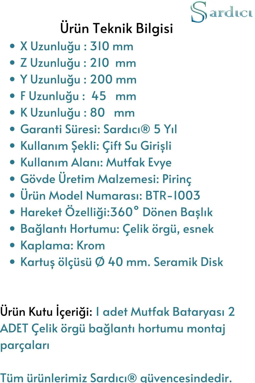 Sardıcı Baston Series Krom Mutfak Bataryası Çift Su Girişli 5 Yıl Garantili