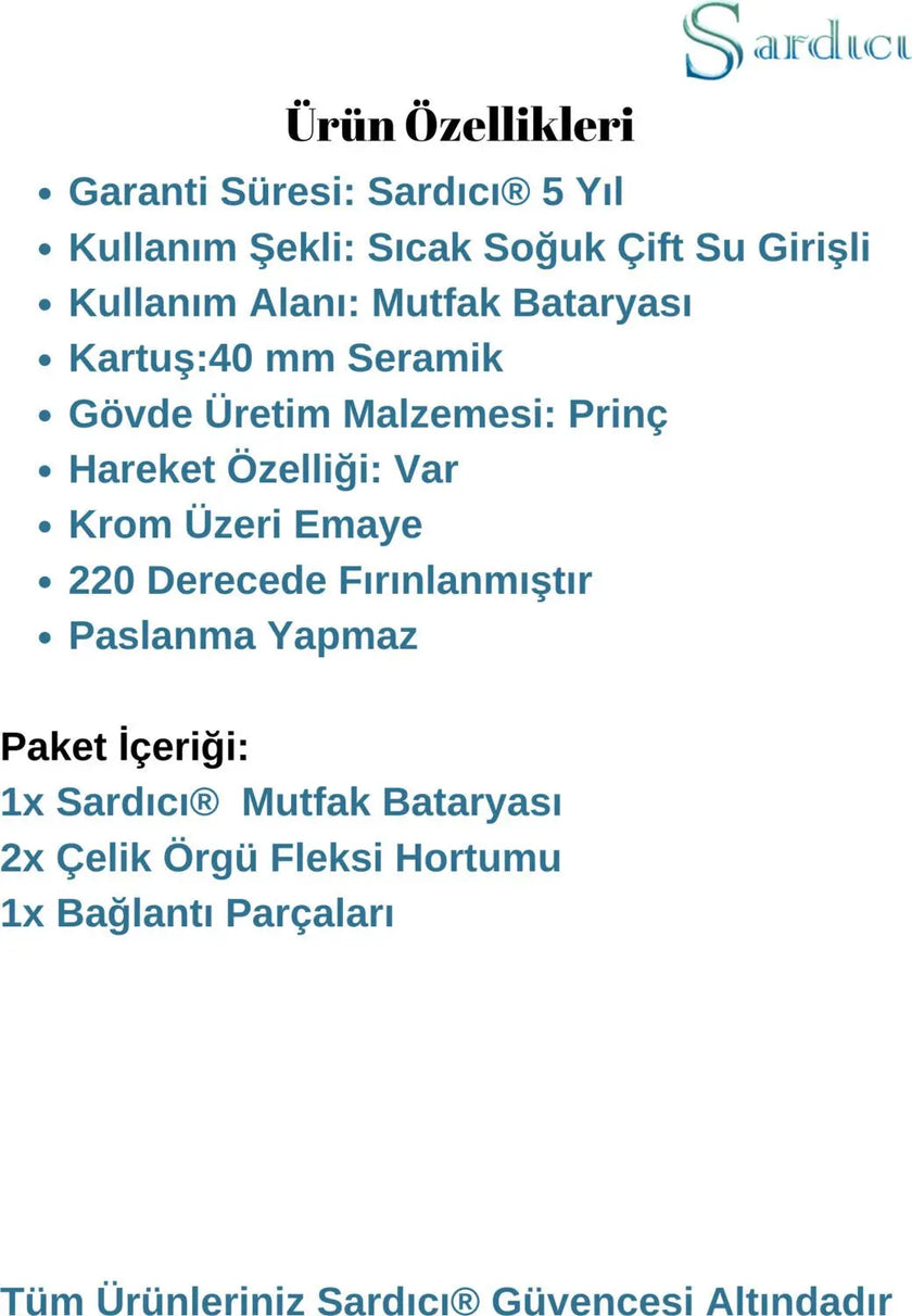 Sardıcı  Krom Mutfak Bataryası Çift Su Girişli 5 Yıl Garantili